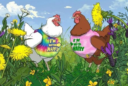 Vizár Matúš, Free the chickens dessin de deux poules portant un t-shirt avec le message "I'm with happy"