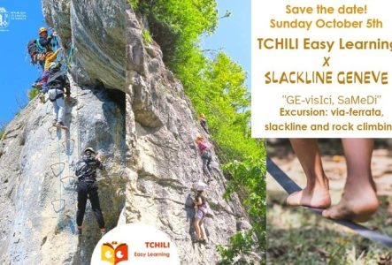 ©KB Tchili, photos de KB et JMB pour Tchili et GF pour Slack p1 du flyer représentant des enfants et jeunes qui évoluent en via, qui grimpent sur du rocher et les pieds d'un enfant qui avance sur une slackline