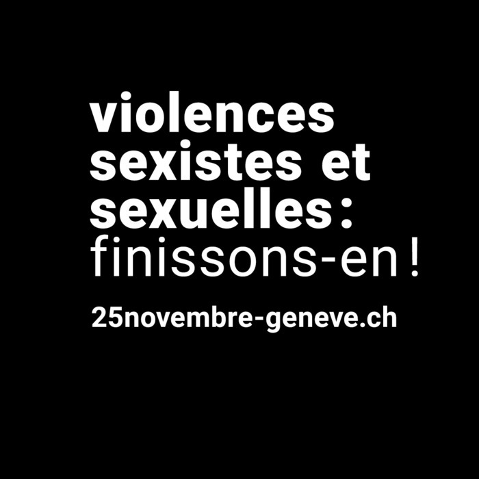 Slogan "Violences sexistes et sexuelles : finissons en ! 25novembre-geneve.ch" en blanc au centre d'un rond noir.