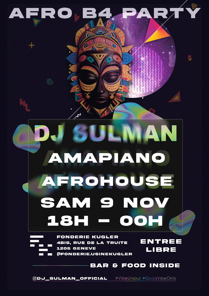 Masque africain stylé en couleur avec un rond violet métallique derrière et des petites formes colorées et irisées tout autour; l'ensemble sur fond noir avec le titre B4 PARTY AMAPIANO AFRHOUSE SAMEDI 9 NOV 18H - 00H FONDERIE KUGLER