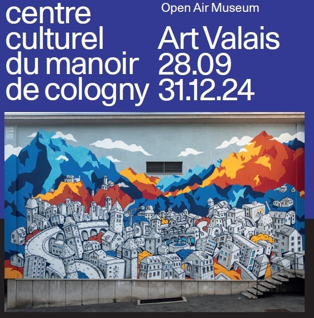 affiche de l'exposition; fresque représentant la Ville de Sion