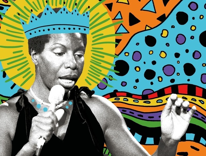 Nina Simone chantant avec un fond dessiné coloré