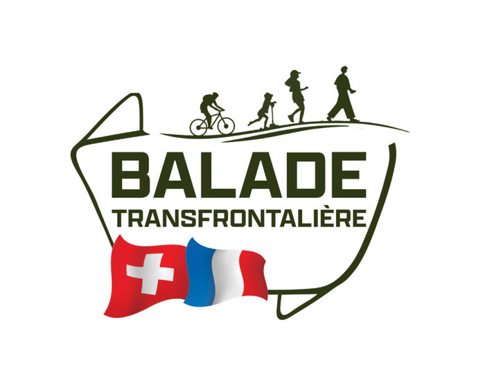 Logo de la Balade transfrontalière avec une personne à vélo, un enfant et deux adultes qui se baladent. Présence des drapeaux suisse et français.