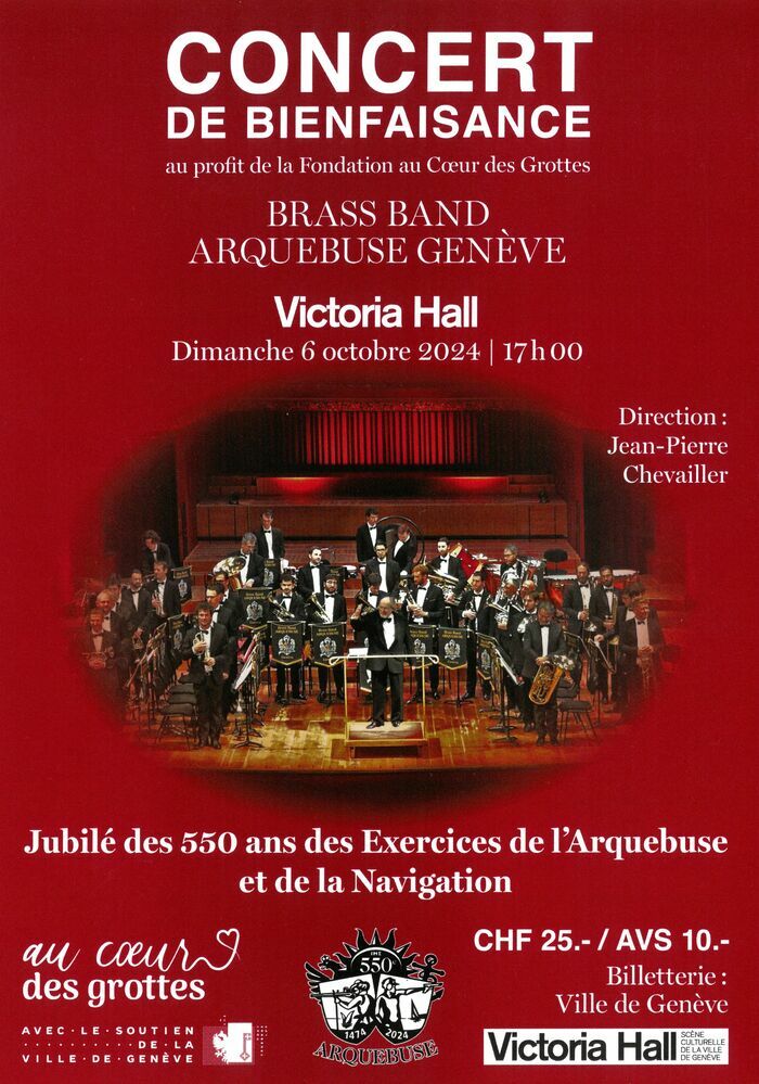 Affiche de la soirée avec une photo de l'orchestre sur la scène du Victoria Hall