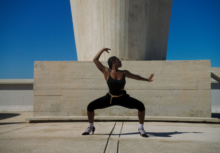 L'image est tirée du film Bright Hours. On y voit une performer devant une architecture de béton, un pilier occupe le milieu de l'image pour se terminer hors champs. Au fond le ciel est très bleu. La performer porte des vêtements noirs, elle est debout, face à la caméra, les jambes fléchies au niveau des genoux, jambes écartées. Son visage est tourné sur le côté droit. Le bras droit est tendu au niveau de la poitrine, son bras gauche est relevé et se replie au dessus de sa tête.