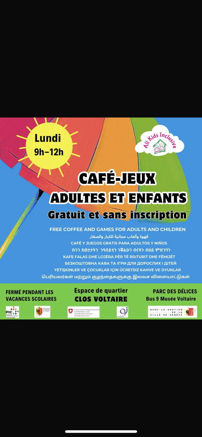 Accueil adultes enfants  de (0-5 ans0) tous les lundis matinS de 9h à 12h à l'Espace de quartier Clos Voltaire. Gratuit et sans inscription !