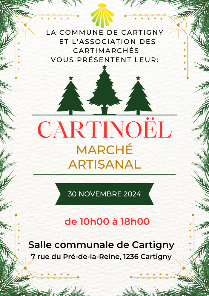 Il s'agit d'un flyer annonçant le Marché de Noël de Cartigny le 30 novembre 2024 de 10h00 à 18h00.