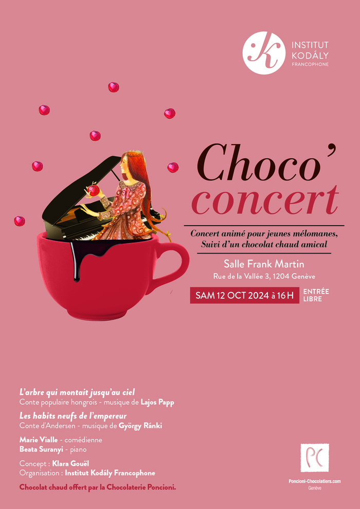 Affiche de l'événement avec une princesse rousse jourant du piano dans une tasse de chocolat chaud