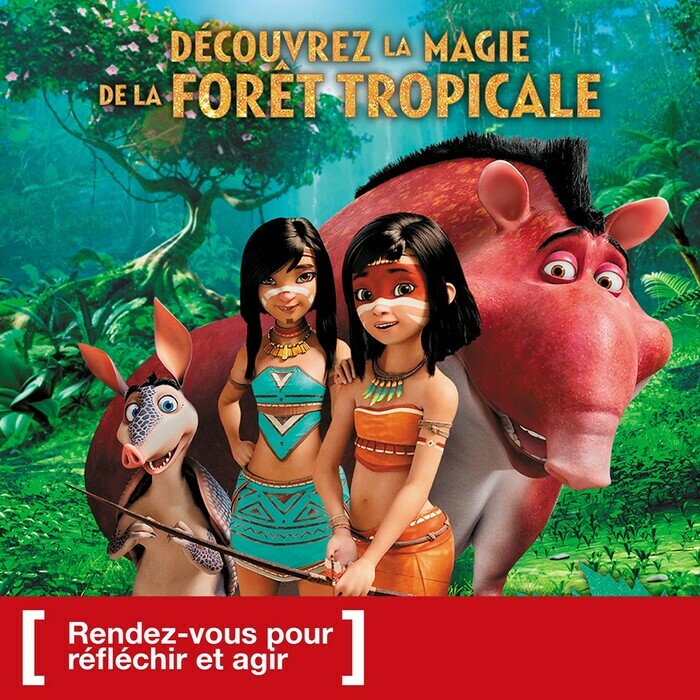 Affiche du flm avec deux petites filles d'Amazonie et deux animaux dans la forêt