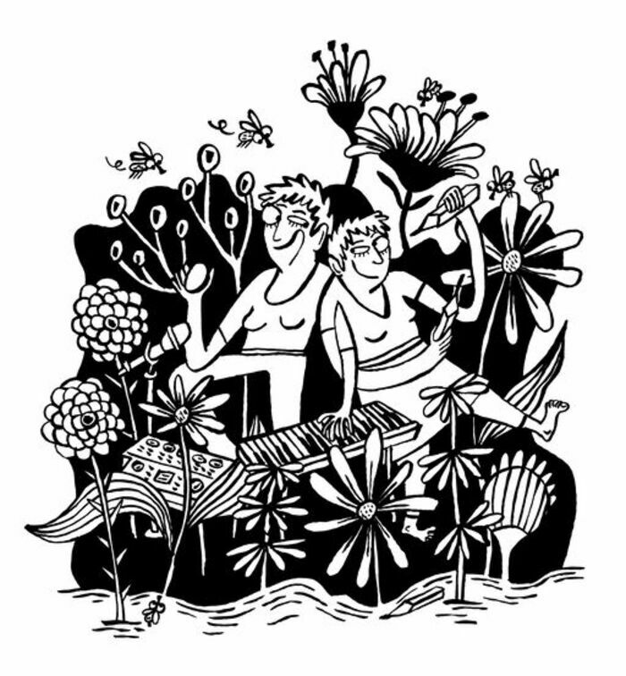 Une illustration en noir et blanc qui représente Adrienne et Elisa Barman entourées de fleurs