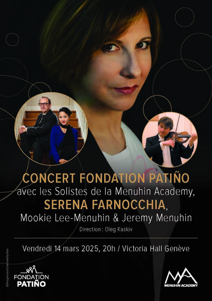 Photographie en grand de la soprano Serena Farnocchia et en médaillon des pianistes Jeremy Menuhin et Mookie Lee-Menuhin et du directeur artistique Oleg Kaskiv.