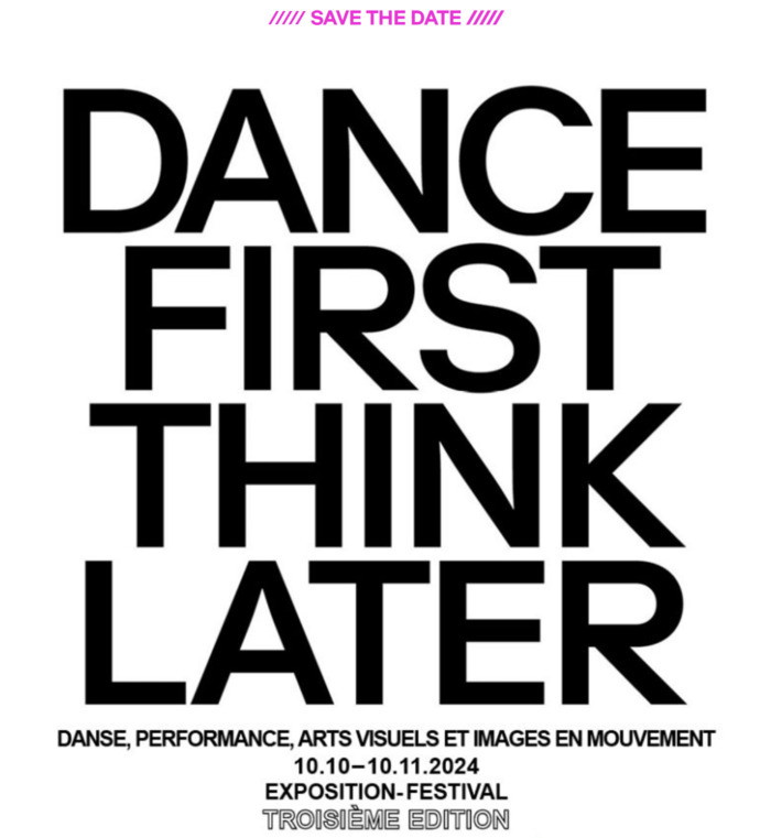 Dans cette image on voit surtout des lettres en noir sur fond blanc avec le  logo de DANCE FIRST THINK LATER.