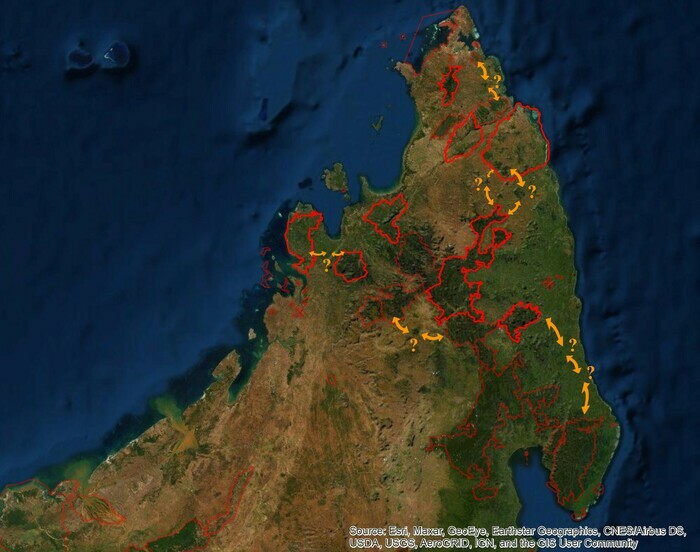 Image satellite du Nord de l'île de Madagascar avec des zones délimitées en rouge