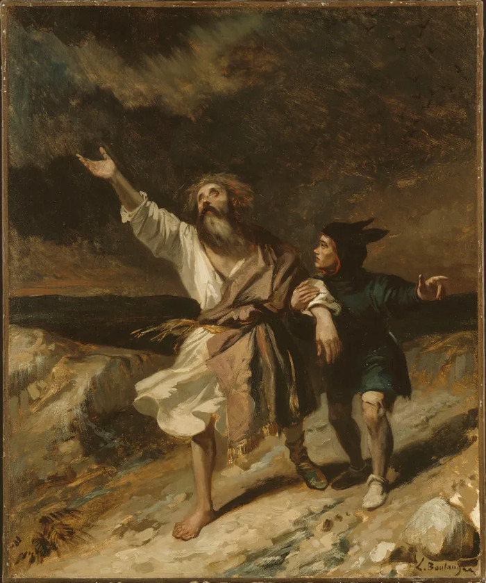 Tableau d'un homme soutenu par un garçon plus jeune. L'homme tend sa main vers le ciel.