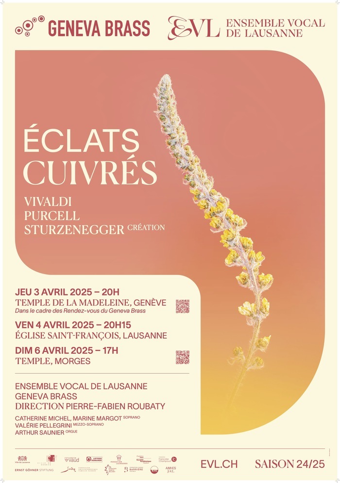 Il s'agit de l'affiche du concert, on y voit une belle fleur en train de fleurir. Le titre du concert, Éclats Cuivrés, s'affiche au-dessus des noms des compositeurs. Enfin nous trouvons les lieux des trois concerts : Genève, Lausanne et Morges puis le nom des artistes.