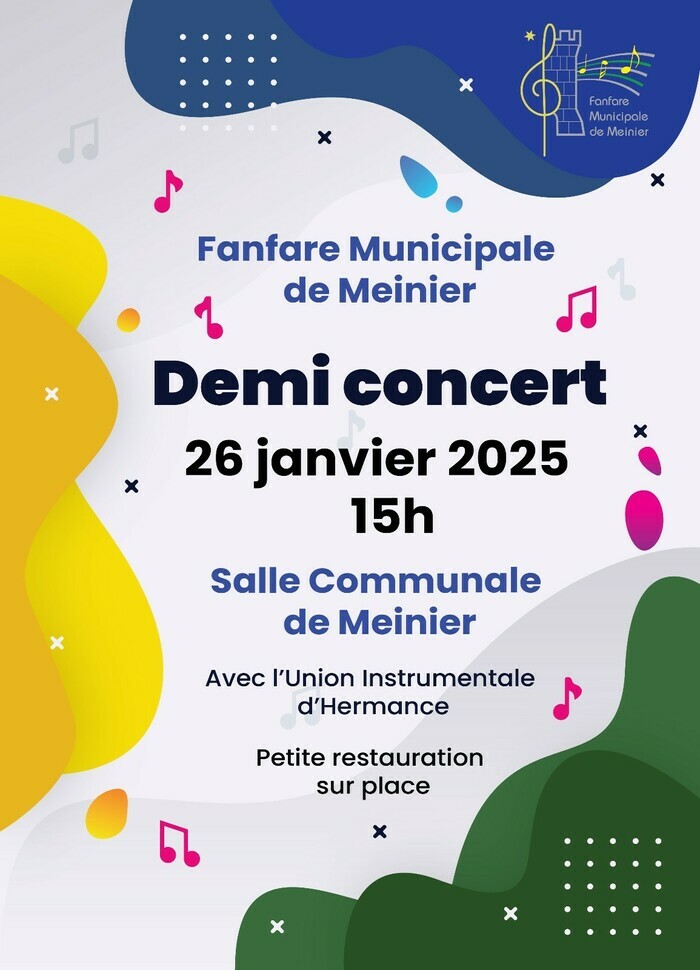 note de musique avec logo de la fanfare et informations pour le demi concert prévu le 26 janvier 2025 à 15h00 avec l'union instrumentale d'Hermance