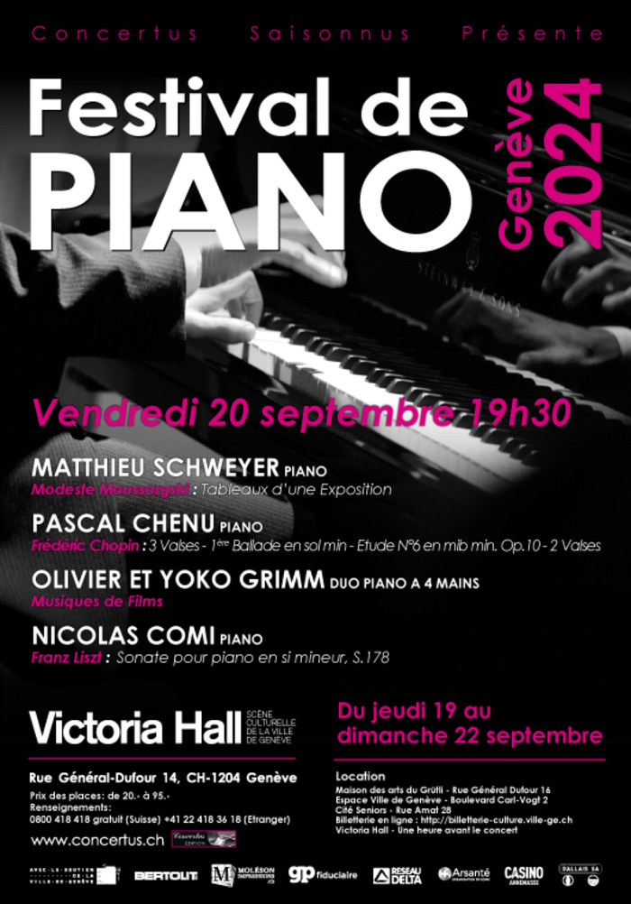 Festival de piano de Genève 2024; Matthieu Schweyer, piano; Pascal Chenu, piano; Olivier et Yoko Grimm, duo piano à 4 mains; Nicolas Comi, piano; 21 septembre au Victoria Hall