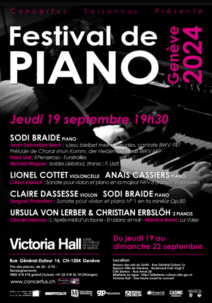 Festival de piano de Genève 2024; Sodi Braide; Lionel Cottet & Anaïs Cassiers; Claire Dassesse & Sodi Braide; Ursula von Lerber & Christian Erbslöh; Victoria Hall; du 19 au 22 septembre 2024