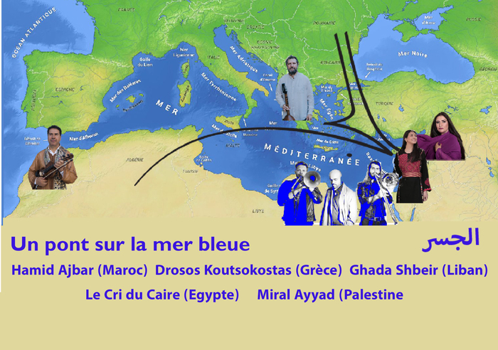 5 chanteurs: Maroc,Grèce,Liban,Palestine,Egypte placés sur une carte de la Méditerranée.