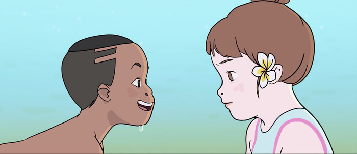 Two children in profile look at each other, against a blue background.