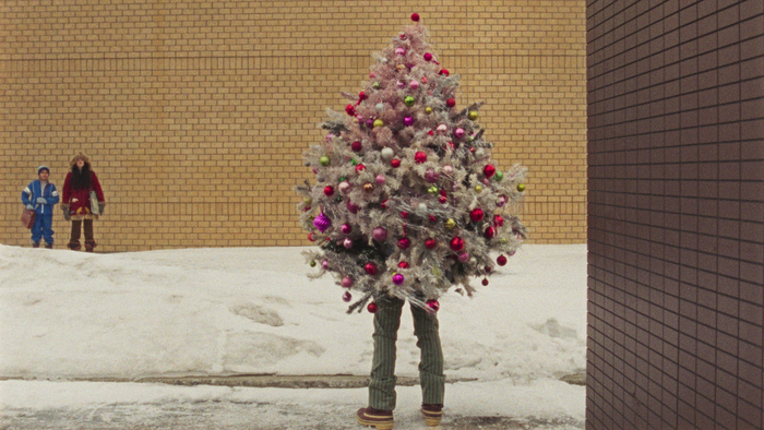 Deux enfants sont intrigués par une personne cachée dans un sapin de noël.