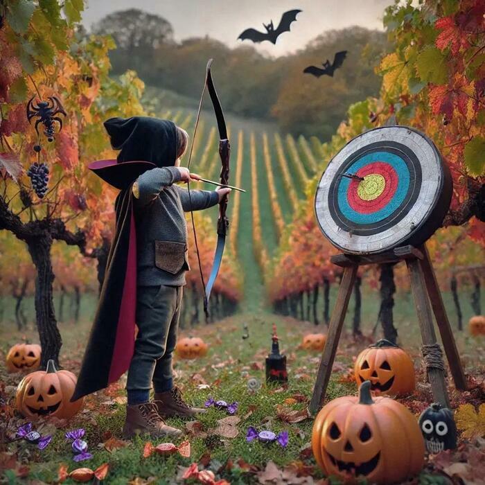 Enfant qui fait du tir à l'arc dans les vignes à halloween