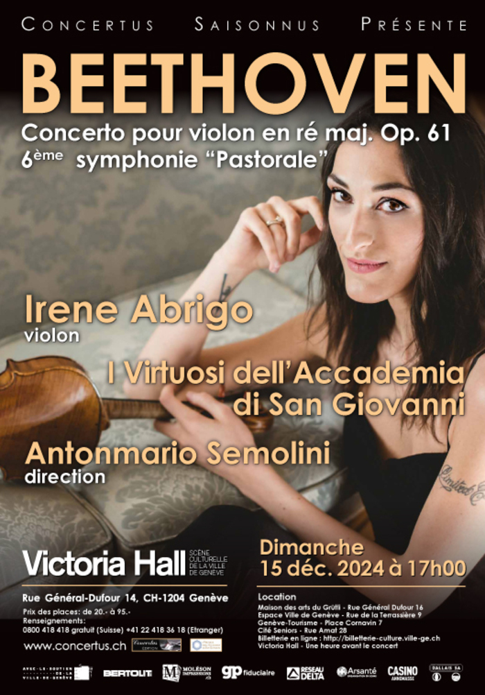 I Virtuosi dell’Accademia di San Giovanni; Antonmario Semolini, direction; Irene Abrigo, violon; Ludwig van Beethoven; Concerto pour violon; 6e Symphonie; Victoria hall; 15 décembre 2024