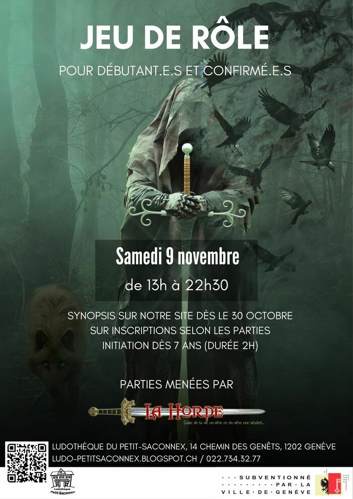 Personne dans le brouillard, sous cape, tenant une épée, entourée de corbeaux et d'un loup. Flyer annonçant du jeu de rôle à la ludothèque du Petit-Saconnex.