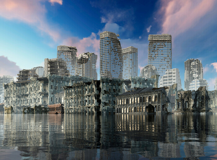 Image en 3D d'une ville en ruine au milieu de l'eau, sous un ciel bleu aux nuages roses