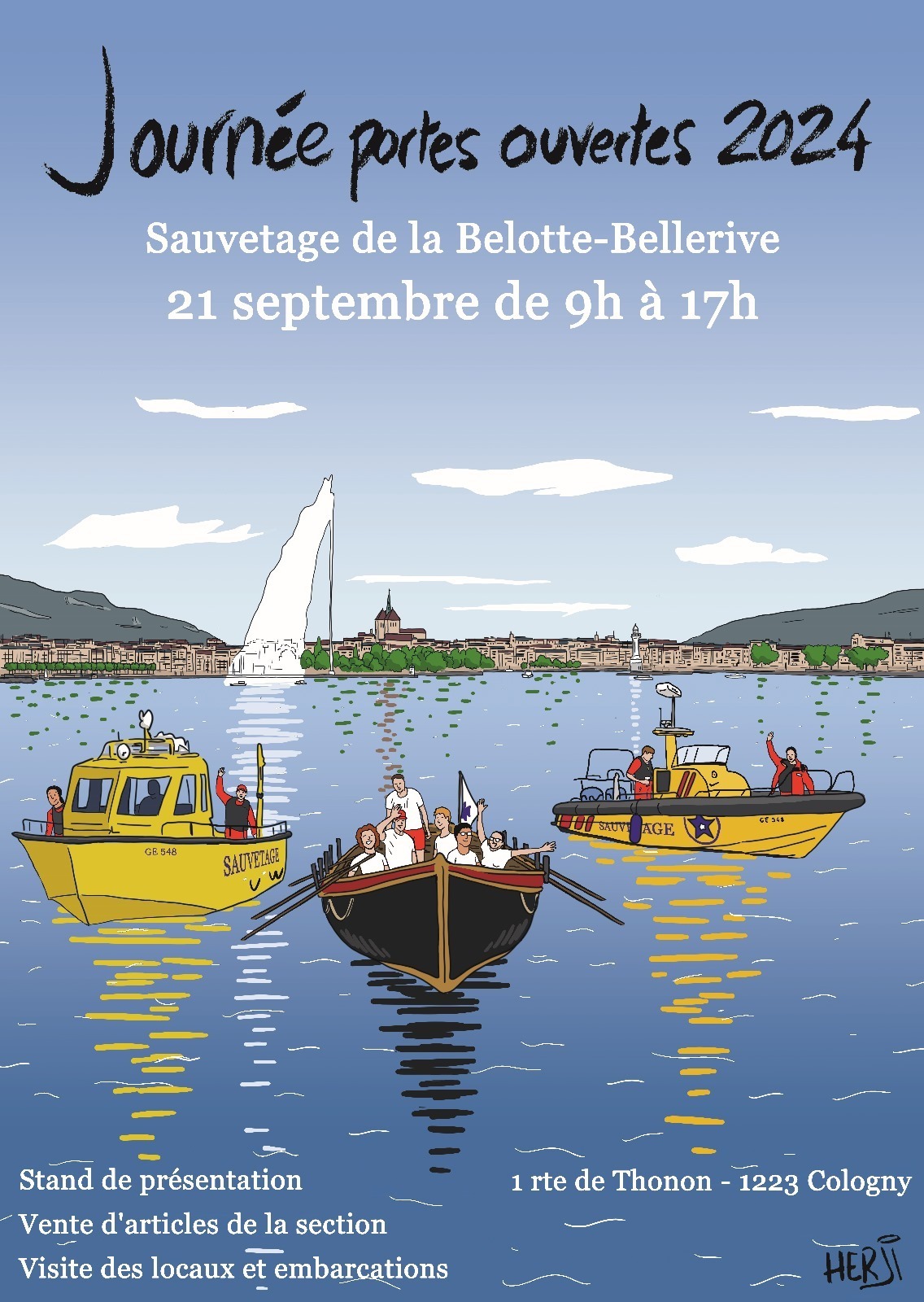 Affiche de l'événement, les 3 embarcation de la section de sauvetage sur le lac avec la rade et le jet d'eau en arrière-plan