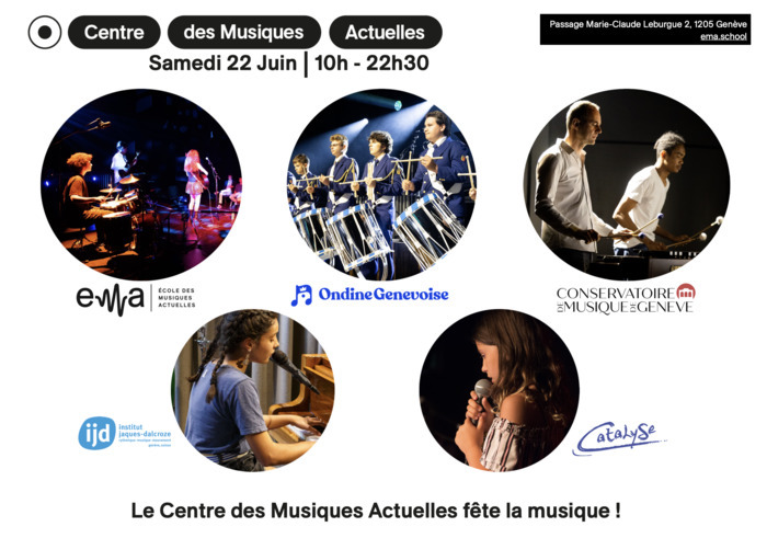 5 photos représentant les 5 écoles : l'eMa, l'Ondine, les percussions du CMG, Catalyse et l'institut Jaques Dalcroze