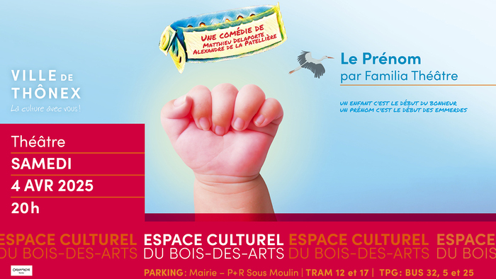 Un poing d'une main d'un bébé est en premier plan avec un cigogne derrière et une bracelet indiquant le nom de la comédie. Les informations du spectacle se trouvent sur la gauche du visuel.