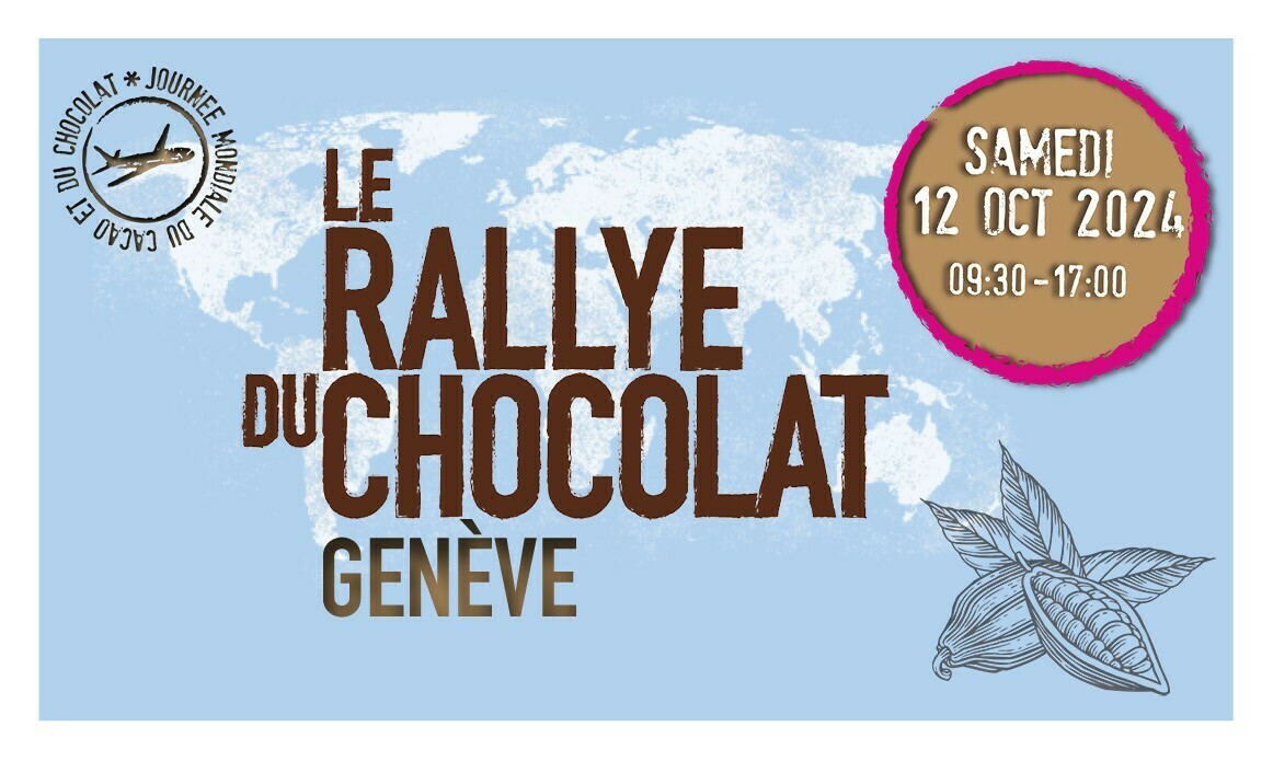 Logo du Rallye du Chocolat, date le samedi 12 octobre 2024 de 9h30 à 17h00. Fond bleu avec une mappemonde blanche, dessin d'une cabosse et tampon avec un avion et phrase la journée mondiale du cacao et du chocolat.