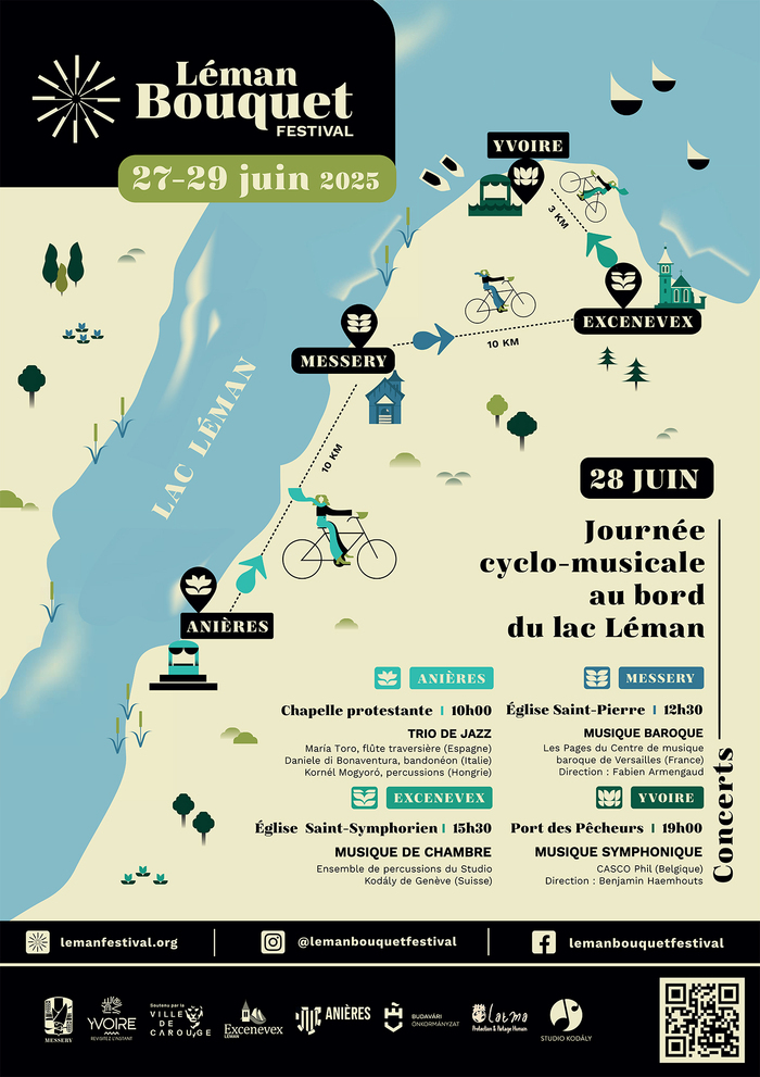 L'affiche du Léman Bouquet Festival 2025 est colorée et illustrée avec un style épuré et moderne. Elle présente une carte stylisée du lac Léman et de ses environs, avec un itinéraire de cyclotourisme reliant plusieurs villes en France (Messery, Excenevex, Yvoire) et en Suisse (Anières).

Éléments visuels :
Une carte du lac Léman, avec des repères pour chaque ville participante.
Des icônes de cyclistes indiquant les trajets et distances entre les étapes (10 km entre certaines villes, 3 km entre…