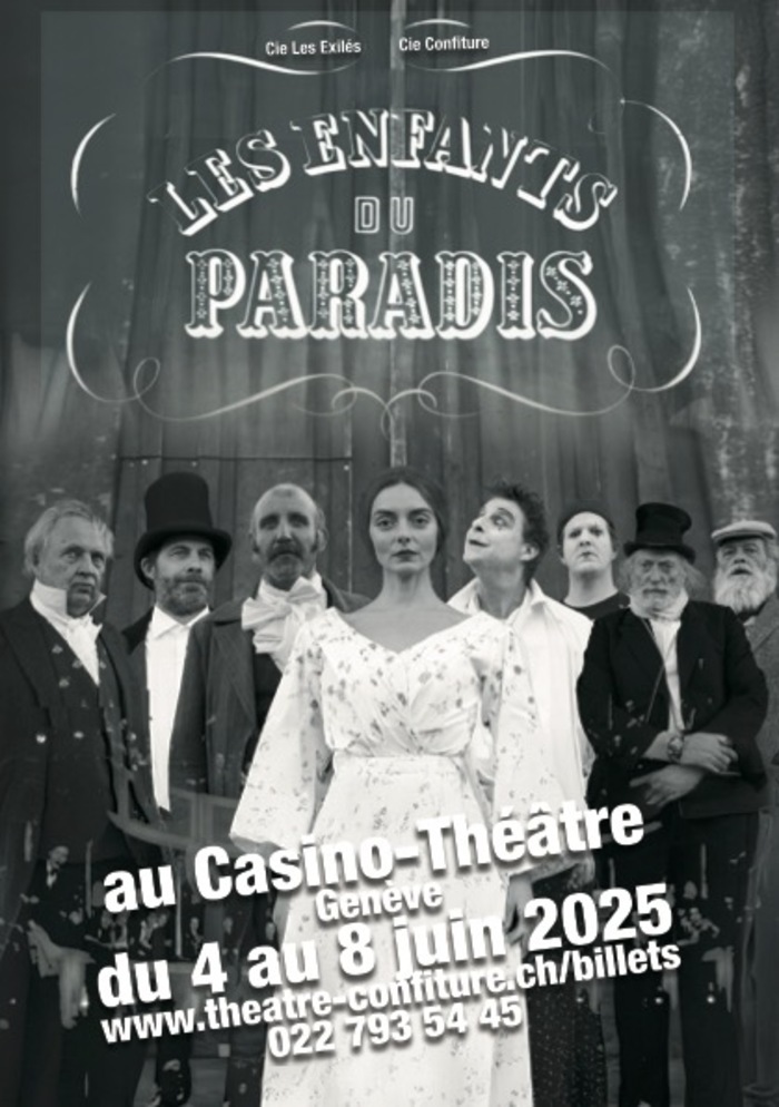 Une photo en noir et blanc des 8 protagonistes du spectacle habillés à la mode des années 40. En premier plan Garance dans une très belle robe blanche et derrière elle les 7 personnages masculins.