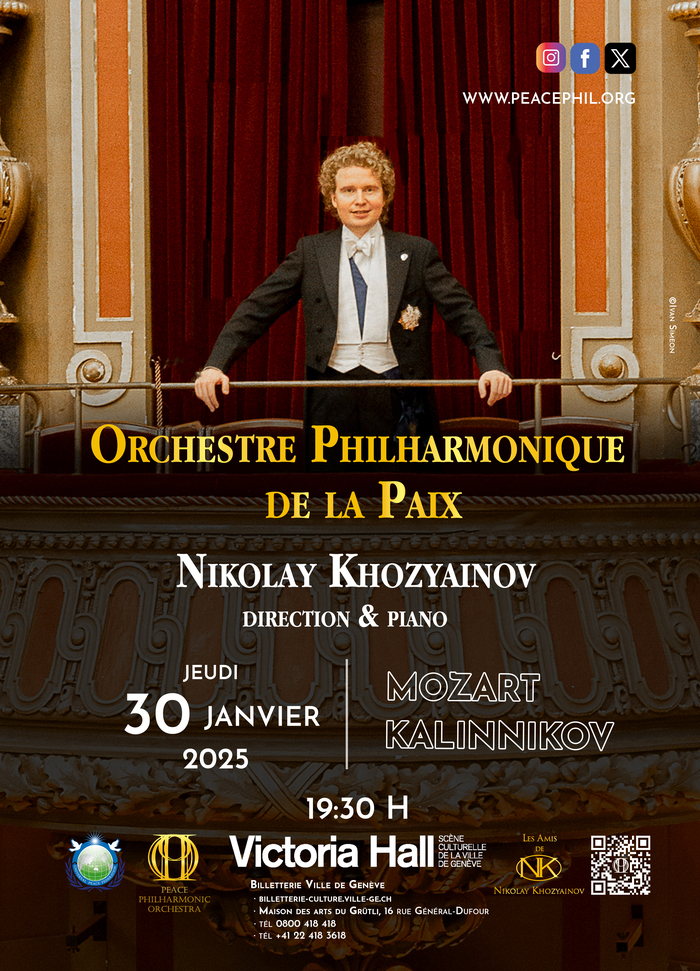 L’affiche du concert du 30 janvier 2025 de l’Orchestre Philharmonique de la Paix, avec Maestro Nikolay Khozyainov comme chef d’orchestre et pianiste.