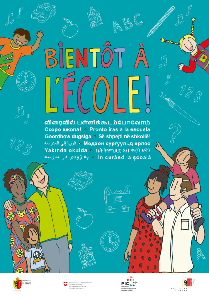 Affiche "Bientôt à l'école!", avec des parents et leurs enfants