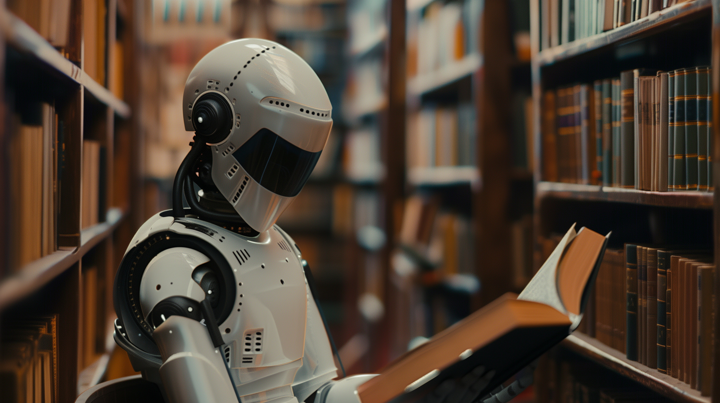 Un robot lit dans une bibliothèque, assis entre deux rayons