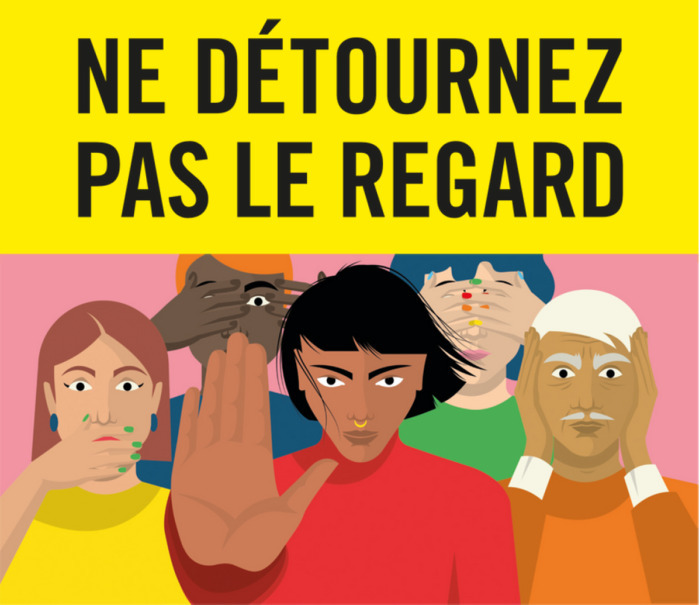 Un groupe de personnages se cachent les yeux, la bouche et les oreilles. Au centre, une femme tend la main comme pour stopper quelque chose.