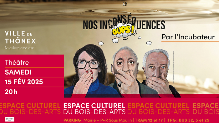 Les trois artistes mettent leur main sur la bouche et regardent l'objectif. En bordure d'image, sur le bas, se trouvent toutes les informations relatives au spectacle