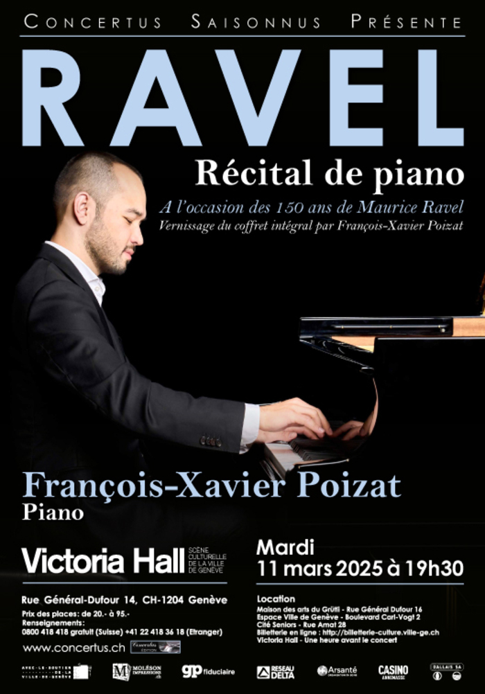 Affiche de la soirée, sur fond noir on voit au piano François-Xavier Poizat
et toute la programmation qui est prévue, au Victoria Hall, le 11 mars 2025 à 19h30.