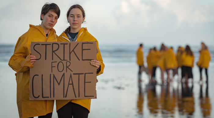 Deux jeunes personnes en cirés jaunes tenant une pancarte "STRIKE FOR CLIMATE" sur une plage, avec un groupe en arrière-plan, symbolisant l'engagement des jeunes pour la justice climatique.