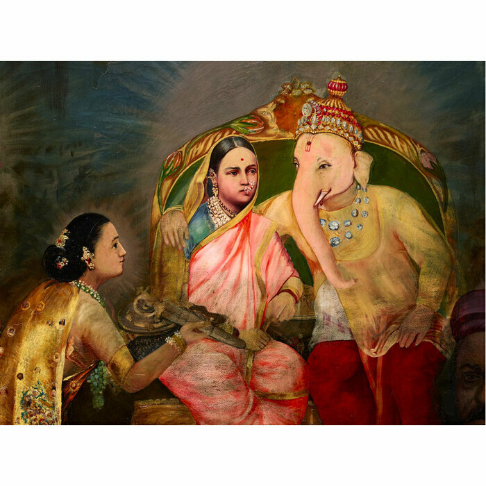 Une peinture sur laquelle Ganesh, divinité incarnant la sagesse, donne des conseils à une femme, probablement une personnification de l'Inde.