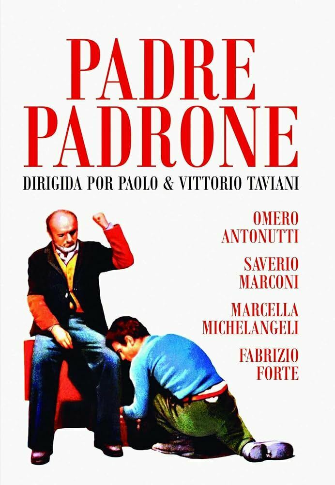 Affiche du film Padre Padrone, où l'on voit un monsieur assis le poing levé, regardant une autre personne étant à genoux devant elle.