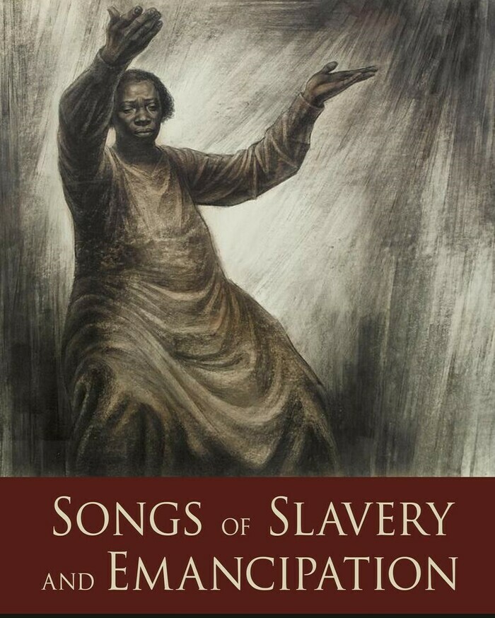 Dessin d'une personne tenant ses bras en l'air avec la mention en bas de l'image "Songs of Slavery and Emancipation" sur fond rouge