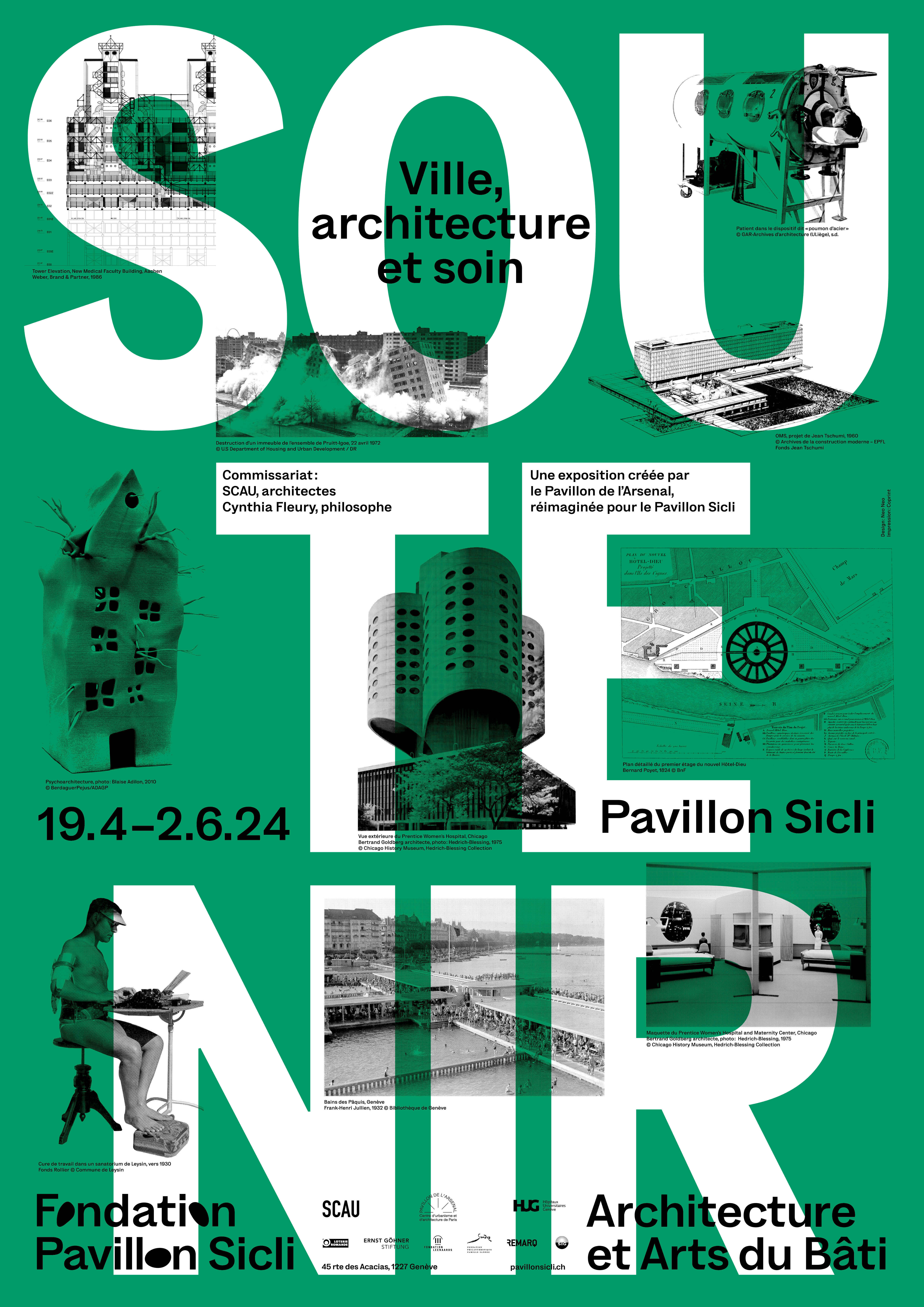 Affiche de l'exposition "Soutenir" de la Fondation Pavillon Sicli du 19 avril au 2 juin 2024. Elle est verte et présente plusieurs oeuvres présentées lors de la manifestation.