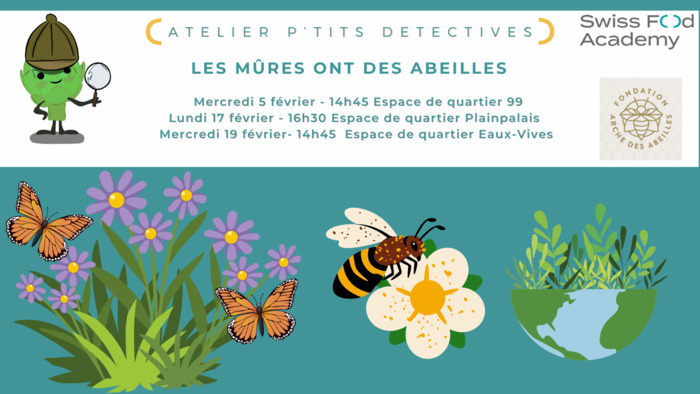 texte annonçant les ateliers du mois de février avec des images de fleurs, d'abeille qui butine une fleur et d'une planète verte