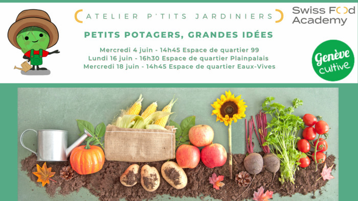 texte annonçant les dates des ateliers du mois de juin avec une photo de légumes sur une bande de terre