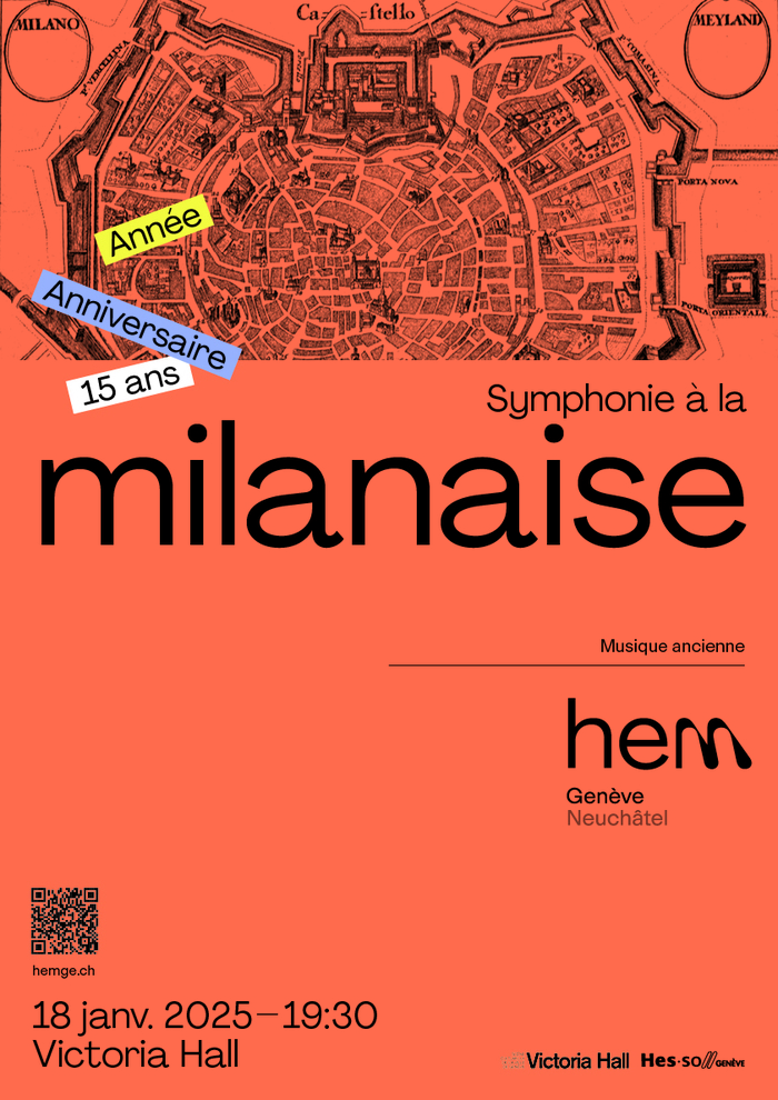 Affiche du concert montrant un vieux plan de la ville de Milan