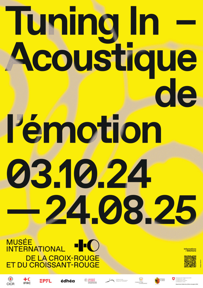 Affiche de l'exposition temporaire "Tuning in – Acoustique de l’émotion", avec un fond jaune et gris représentant des ondes sonores, ainsi que le titre et les dates de l'exposition en noir